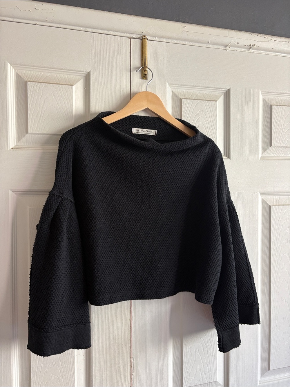 We The Free Black Waffle-Knit Cropped Crewneck Sweater